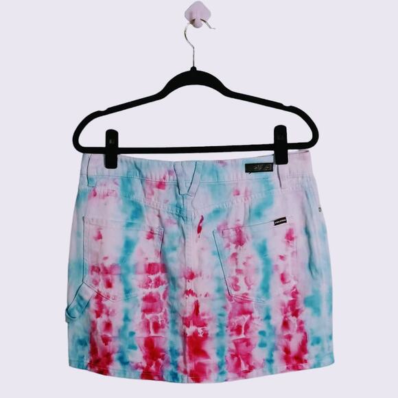 VOLCOM Women's Tie Dye Denim "Fix It Mini Skirt" Mid Rise Pink Blue White, L(10) - Picture 3 of 12